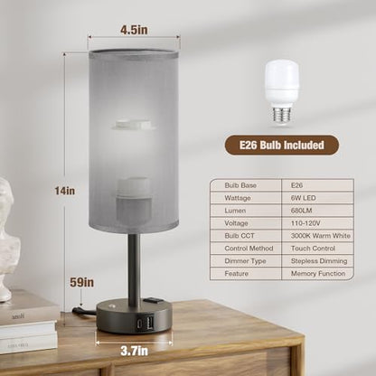 Grey Touch Bedside Lamp for Bedroom, Stepless Dimmable, USB A+C, AC Outlet | Base Touch Button Only, Memory Brightness, Ultra-dim Night Light, Included Bulb for Optimal Dimming, Grey Fabric Shade, Desk - color: Grey & Grey