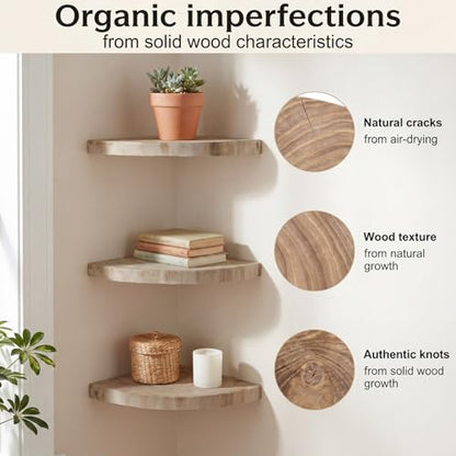 3 Pcs Small Corner Floating Shelves for Wall Solid Wood 7 Inch Rounded Corner Shelves Wall Mounted Natural Solid Elm Wood Shelf Rustic Style Wooden Hanging Shelf for Bedroom Decor(Wooden)