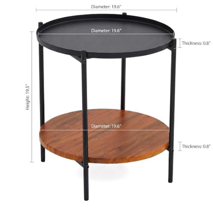 Round End Table with 2 Tier Storage, Modern Side Table with Wood Grain Lower Shelf and Durable Metal Frame, Small Accent Table for Sofa, Bedroom, Living Room, Apartment and Office