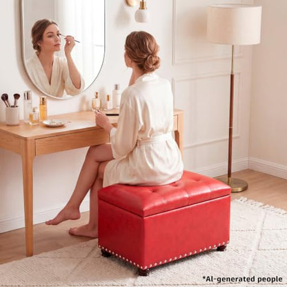 Leather Storage Ottoman, 24" Rectangle Square Bench Foot Rest Stool for Bedroom Living Room, Red - color: Red