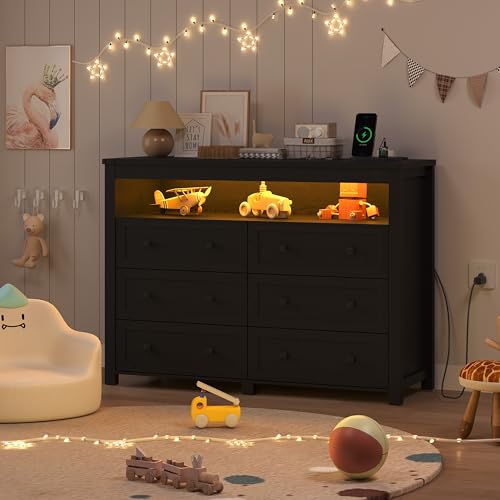 Black Dresser 6 Drawer Dressers for Bedroom with LED Lights, Charging Station, Wood Chest of Drawers with Metal Handles, Modern TV Stand Storage Cabinet for Living Room, Hallway, Entryway - color: Black, style: LED 6 Drawers