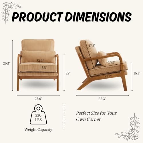 Karl home Mid-Century Modern Accent Reading Chair, Khaki | Corduroy Upholstered, Solid Wood Frame, Soft Cushion, Lumbar Pillow, Lounge Armchair for Living Room, Bedroom, Balcony, Study - color: Corduroy Khaki
