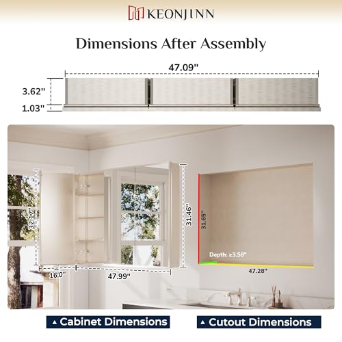 Keonjinn Large Medicine Cabinet Mirror 48 x 32 Inch, Brushed Nickel, 3 Door | Assembly Required, Adjustable Shelves, Aluminum Cabinet, Tempered Glass, Surface Mount or Recessed, Ideal for Large Spaces - color: Brushed Nickel, size: 48x32 In