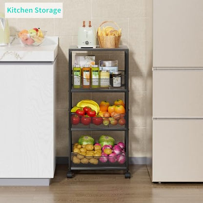 HapiRm Fruit Basket Kitchen Cart - 4-Tier Rolling Storage Cart with Wheels, Fruit Vegetable Basket with Wood Top, Pantry Utility Kitchen Organizer for Fruit Potato Onion Vegetable Bread Snack - color: Grey