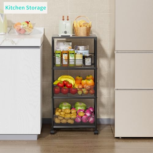 HapiRm Fruit Basket Kitchen Cart - 4-Tier Rolling Storage Cart with Wheels, Fruit Vegetable Basket with Wood Top, Pantry Utility Kitchen Organizer for Fruit Potato Onion Vegetable Bread Snack - color: Grey