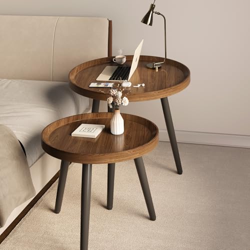 2 PCS Small Round Coffee Table Set, Mid Century Modern Coffee Tables for Living Room, Walnut Nesting Tables for Small Spaces, Easy Assembly Circle Wood Center Table,Black Side/End Table Set of 2,Brown