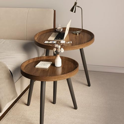 2 PCS Small Round Coffee Table Set, Mid Century Modern Coffee Tables for Living Room, Walnut Nesting Tables for Small Spaces, Easy Assembly Circle Wood Center Table,Black Side/End Table Set of 2,Brown