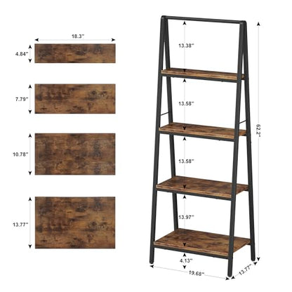 Homeiju Ladder Shelf, 4-Tier Leaning Ladder Bookshelf, Rustic and Wood Ladder Shelf Bookcase, Industrial Ladder Shelf Storage Rack for Home Office, Bedroom, Bathroom or Kitchen