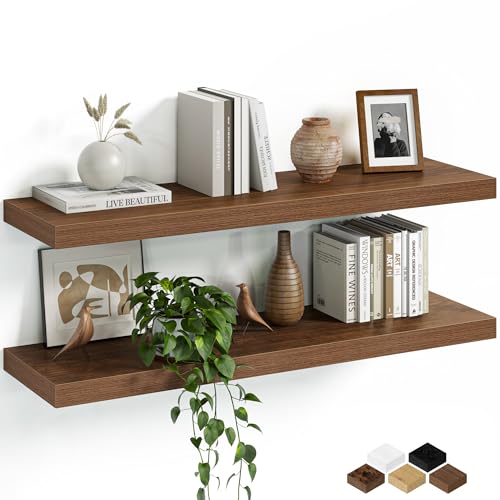 Fun Memories Floating Shelves for Wall, 32 Inch Set of 2 Rustic Wood Wall Shelves with Invisible Brackets, Heavy Duty Storage Display for Living Room Bedroom Kitchen, Walnut - color: Walnut Brown, size: 32"W x 6.5"D, Set of 2