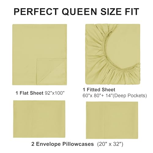 Queen Sheet Sets, Cotton Blended Breathable Bed Sheets 4 Piece, Deep Pocket Up to 14", 1 Fitted Sheet, 1 Flat Sheet and 2 Pillowcases (Yellow, Queen) - color: Yellow-4pcs Sheet Set, size: Queen