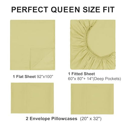 Queen Sheet Sets, Cotton Blended Breathable Bed Sheets 4 Piece, Deep Pocket Up to 14", 1 Fitted Sheet, 1 Flat Sheet and 2 Pillowcases (Yellow, Queen) - color: Yellow-4pcs Sheet Set, size: Queen
