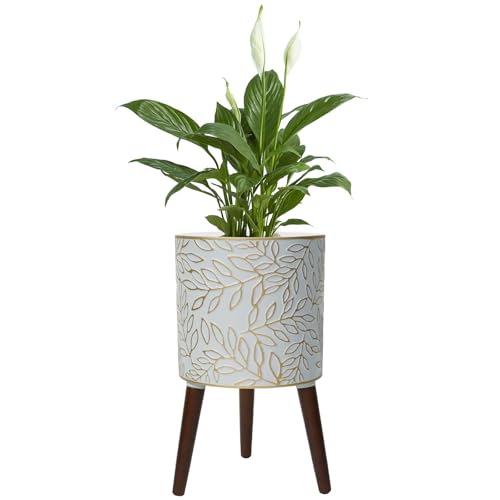 12inch Plant Pots with Wood Planter Holder | Indoor Flower Pot with Gold Floral Embossed Modern Planters with Drainage Holes for Living Room, Office, Garden or Balcony - color: Balck and Gold Leaf, size: 12 Inches