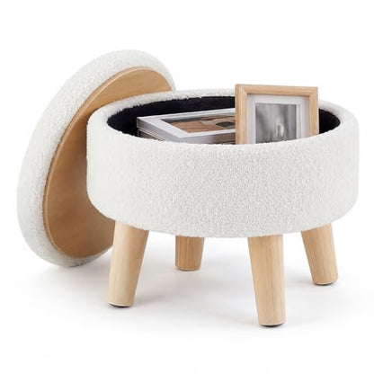 Simple Deluxe 13" Round Storage Ottoman with Wooden Legs & Dual-Use Tray Lid, Fluffy Teddy Boucle Ottoman Footstool for Bedroom, Living Room & Vanity, Beige - color: Beige