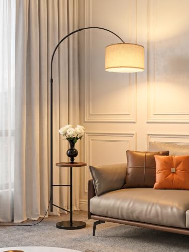 Arc Floor Lamp with Side Table, Adjustable Linen Shade Fishing Standing Lamp for Living Room Bedroom