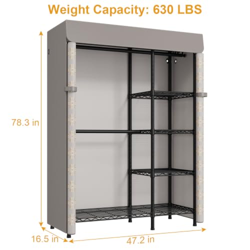 F2C Clothes Rack with Cover, Brand Custom Dustproof Pattern Cover | Heavy-Duty Clothing System with Cover, Garment Rack with Shelves and Hanger Rods, 47.2"W x 16.5"D x 78.3"H, Holds 630 lbs - color: Black Closet with Pattern Cover