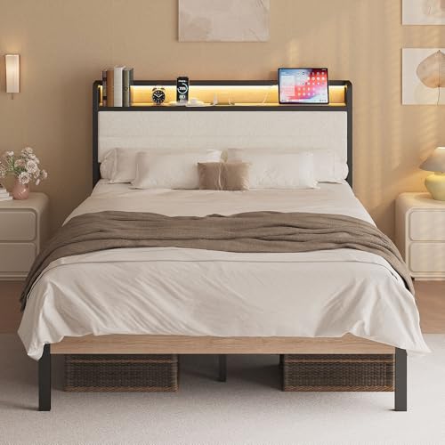 LIKIMIO Full Bed Frame with Headboard, LED Lights and Charging Station | Upholstered sherpa storage headboard with LED & charger; heavy-duty slats; noise-free; modern elegance; natural and cream - color: Natural and Cream, size: Full