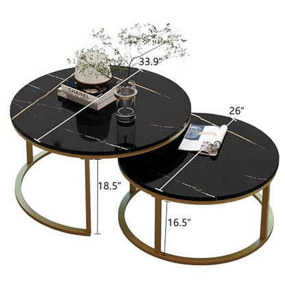 WiberWi Round Coffee Table Nesting Tables Set of 2, Large : Ø 34.0", Small : Ø 26.0", Modern Design Coffee Tables for Living Room, Gold Metal Frame Circle Cocktail Table, High Glossy Faux Black Marble - color: Black Faux Marble