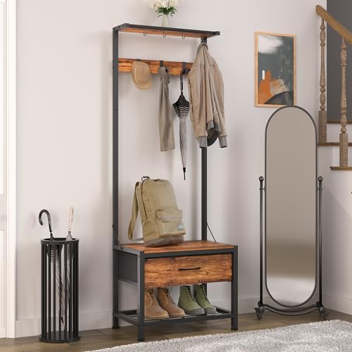 LUMTOK Hall Tree with Shoes Bench Storage,Small Coat Rack with Drawers | 4 in 1 Narrow Hall Tree with shoes storage & fabric drawers,Entryway organizer with coat rack for closet,hallway,bedroom, - color: Brown