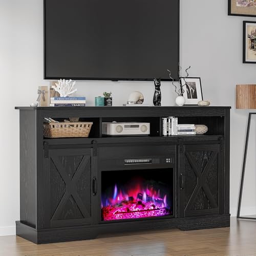 RoyalCraft Farmhouse Fireplace TV Stand for 65+ Inch TV, Entertainment Center with 23" Electric Fireplace with Remote, 34" Tall Modern Rustic TV Console with Sliding Bar Door for Living Room, Black - color: Black, style: Electric Fireplace Included