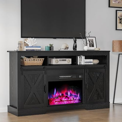 RoyalCraft Farmhouse Fireplace TV Stand for 65+ Inch TV, Entertainment Center with 23" Electric Fireplace with Remote, 34" Tall Modern Rustic TV Console with Sliding Bar Door for Living Room, Black - color: Black, style: Electric Fireplace Included