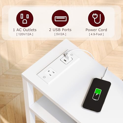 Narrow Side Table with Charging Station Slim End Table Sofa with Magazine Rack, Bedside Table for Small Spaces, 3 Tier Nightstand for Living Room Couch, Bedroom White LET503WE - color: White, style: With Charging Station