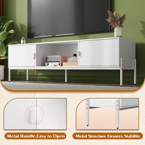 WLIVE 58" TV Stand for 65 Inch TVs, Mid Century Modern Entertainment Center with 2 Storage Cabinets & Open Shelf, Media Console Table with Metal Legs for Living Room, Bedroom, White - color: White