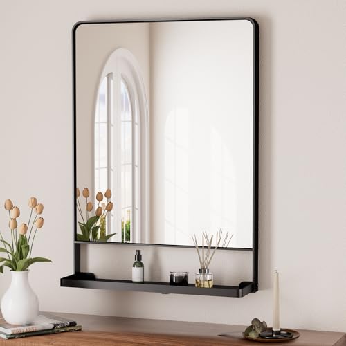 Keonjinn 22 x 30 Inch Black Bathroom Mirror with Shelf, Rust-Resistant | Rounded Corner, Rectangle Metal Bathroom Vanity Mirror with Storage, French Cleat Mount, Entryway, Bedroom, Hallway, Décor - color: Black, size: 30"L x 22"W