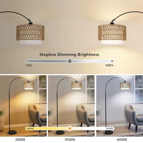 eyassi Arc Floor Lamp with Remote, Modern LED Floor Lamp with Dimmable Bulb, Boho Farmhouse Standing lamp with Fabric & Rattan Lampshades, Height Adjustable Black Tall Lamp for Living Room Bedroom - style: Farmhouse