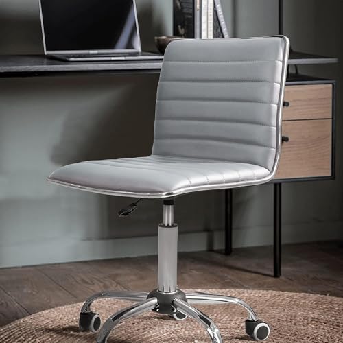 JUMMICO Armless Vanity Office Chair with Wheels, Small Cute Makeup Desk Chair Ribbed Leather Swivel Computer Task Chair (Light Gray) - color: Light Gray