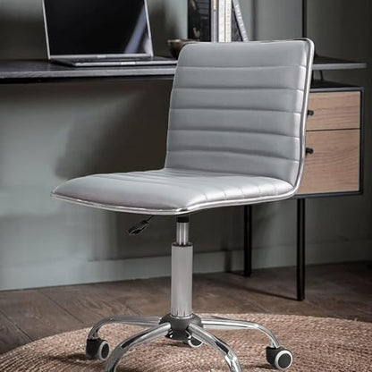 JUMMICO Armless Vanity Office Chair with Wheels, Small Cute Makeup Desk Chair Ribbed Leather Swivel Computer Task Chair (Light Gray) - color: Light Gray