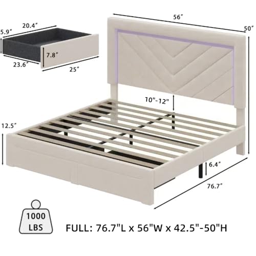 Full Size Bed Frame with Adjustable Headboard and Storage Drawer, Upholstered Bed Frame Full with RGB LED Lights and Charging Station, Easy Assembly, No Box Spring Needed, Off White - color: Off White, size: Full