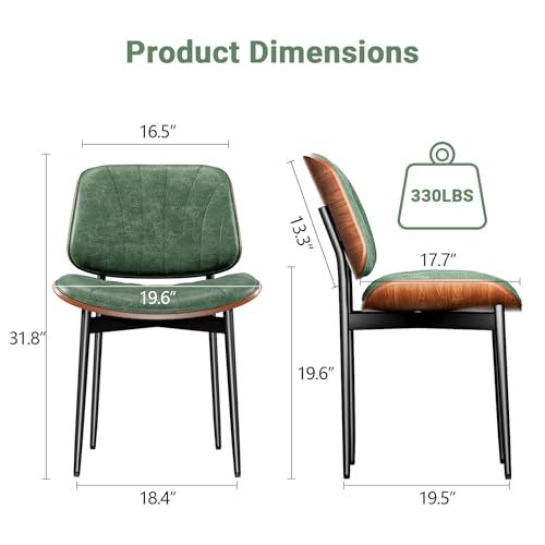 YaFiti Mid Century Dining Chairs Set of 2 with Walnut Bentwood, Green | Ergonomic Walnut Backrest, Upholstered Waterproof PU Leather Seat, Stable Metal Legs, Adjustable Footpads, Apartment Friendly - color: Green Scallop