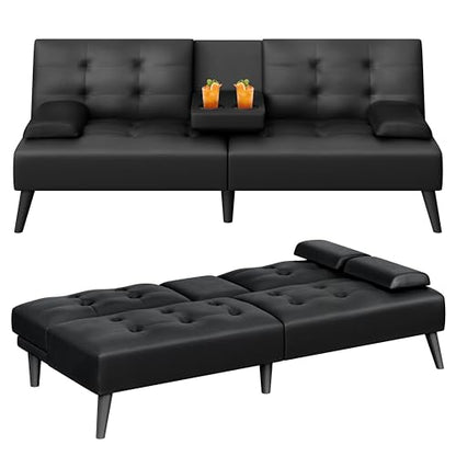 64" Futon Sofa Bed, Small Loveseat with 2 Cup Holders, Small Couch with 3 Adjustable Angles & Removable Armrest, Small Sofa for Small Space (PU Leather, Black)