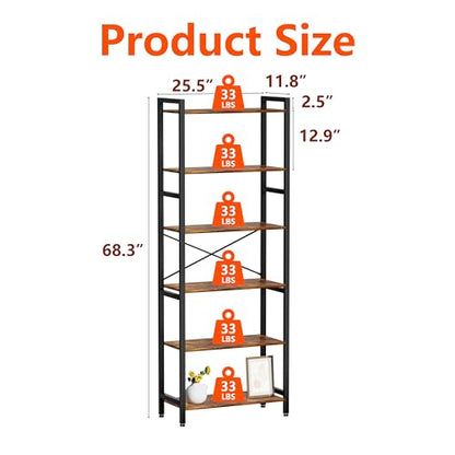 6 Tier Bookshelf,Storage Shelf with Steel Frame,Free Standing Open Book Shelves Storage Display Shelf - size: 6 Tier