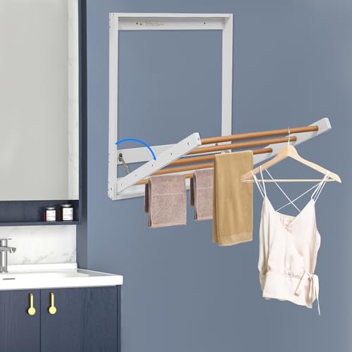Wall Mounted Clothes Drying Rack, Folding Laundry Drying Rack with 5 Wooden Rods, 11LBS Capacity Retractable Clothes Airer for Bathroom Laundry Room Balcony