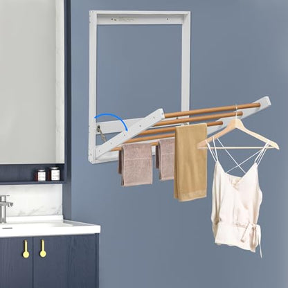 Wall Mounted Clothes Drying Rack, Folding Laundry Drying Rack with 5 Wooden Rods, 11LBS Capacity Retractable Clothes Airer for Bathroom Laundry Room Balcony