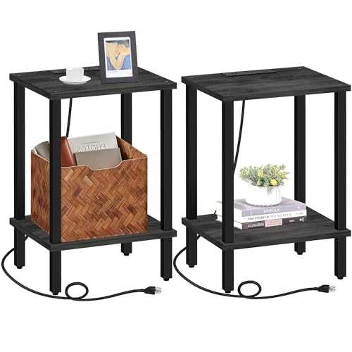 TUTOTAK End Table with Charging Station, Side Table Set of 2, Nightstand | 2-Tier Storage Shelf, Bedside Table with USB Ports, Sofa Table for Small Space, Livingroom, Bedroom Charcoal Grey TB01BY041 - color: Charcoal Grey