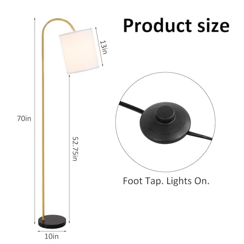 IGLU Living Phoebe Arc Floor Lamp - Low Height Arc Design, 13”H Oversized Fabric Drum Shade, Heavy Marble Base, Foot Switch - Modern Floor Lamp for Living Room, Bedroom, Office (Brass)