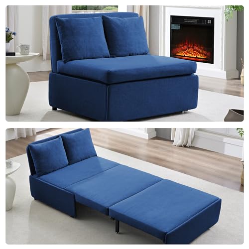 BALUS 43" W Twin Size Sleeper Couch Bed Pull Out Sofa with Pullout Beds, 2 in 1 Convertible Linen Single Sleepers Sofas Chair with Foldable Mattress and Pillows for Small Space Apartment, Blue - color: Blue, size: Twin
