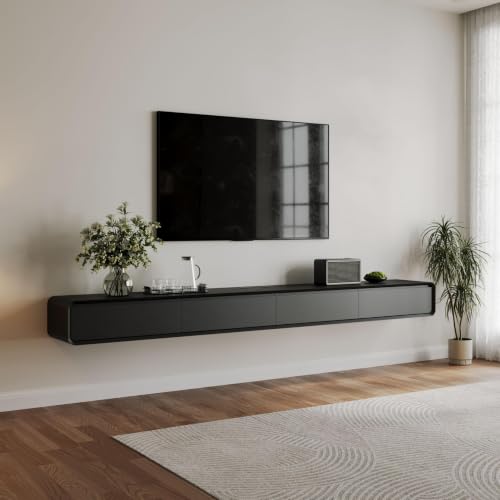 POVISON Fully-Assembled Minimalist Floating TV Stand, Modern Wall-Mounted Entertainment Center with 4 Flip-Down Cabinet Doors, Solid Wood Media Console, 110.24" - color: Black, size: 110.24"