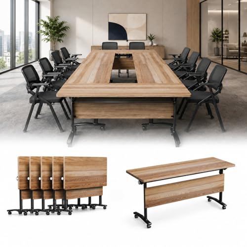 Folding Conference Table with Wheels, Flip Top Folding Conference Room Table for 2-12 Person, Mobile Training & Meeting Room Table, Modular Nesting Office Boardroom Desk with Lockable Casters - color: Light Walnut, size: 47.2in