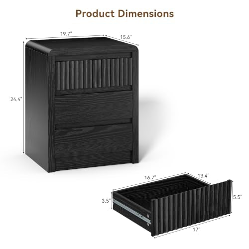 LYNSOM Fluted Nightstand Set of 2, Wood End Table with 3 Drawer, Black | Mid Century Modern Night Stand with Stoarge, Bedside Table with Curved Profile Design for Living Room, Office, 20" W - color: Black, size: 3 Drawers