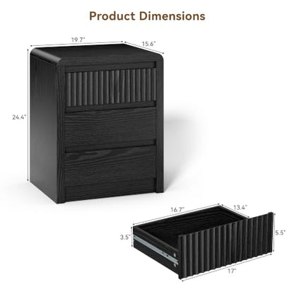LYNSOM Fluted Nightstand Set of 2, Wood End Table with 3 Drawer, Black | Mid Century Modern Night Stand with Stoarge, Bedside Table with Curved Profile Design for Living Room, Office, 20" W - color: Black, size: 3 Drawers