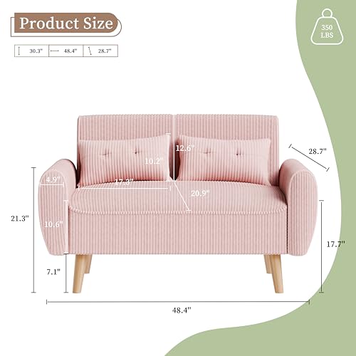 Vongrasig 47" Small Modern Loveseat Sofa, Mid Century Soft Corduroy Fabric 2-Seat Sofa Couch Tufted Love Seat with Back Cushions and Tapered Legs for Living Room, Bedroom and Small Space (Pink) - color: Pink