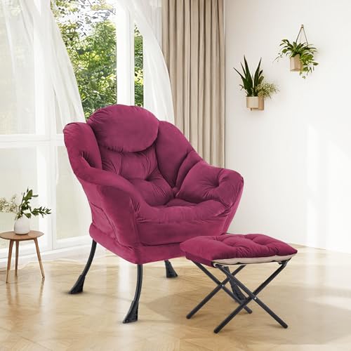 Lazy Chair with Ottoman Comfy Accent Lounge Chair with Side Pocket Cozy Chair Modern Reading Armchair with Footrest Upholstered Sofa Chair for Small Spaces Living Room Dorm Bedroom WineRed - color: Winered