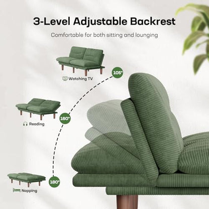 Marsail 66" Futon Sofa Bed, Futon Couch with Adjustable Backrest & Armrests, Convertible Sleeper Sofa Bed for Apartment, Living Room, Office, Corduroy Loveseat, Green