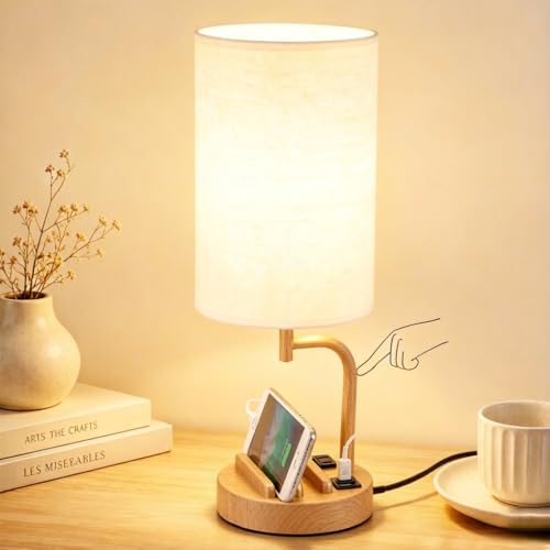 Dreamholder Touch Control USB Table Lamp with USB C/A & AC Outlet, 3-Way Dimmable Bedside Lamp, Modern Nightstand Lamps for Bedroom Living Room Guest Room Office, Bulb Included, Woodgrain - color: Woodgrain