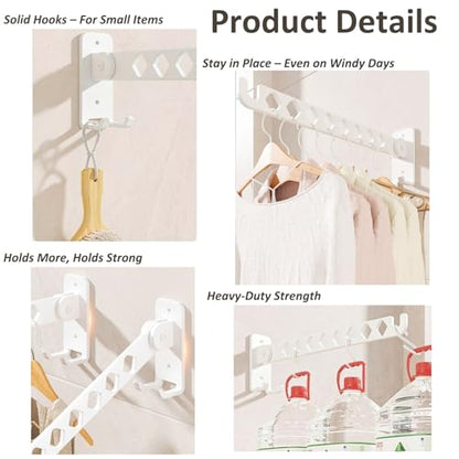 Wall Mounted Drying Rack, 8-Hole Clothes Rack Laundry Room, White | 8 Hanger Holes, No-Slide Design, Click-Stop Hinge 4 Angles, Rustproof Steel, Folds Flat 3.5cm, for Bathroom Balcony RV - size: 14 Inches - 2 Packs