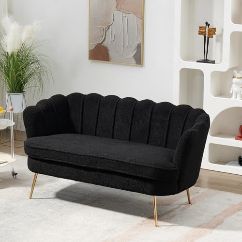 Chifee & Vingol Upholstered Small Loveseat for Small Space with Golden Legs,Black - color: Boucle-black