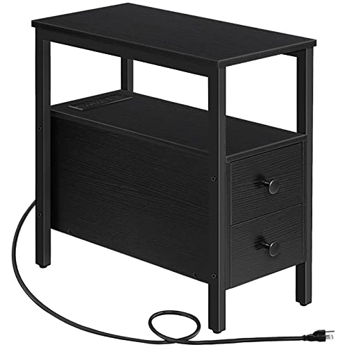 HOOBRO End Table with Charging Station, Narrow Side Table with 2 Drawer & USB Port & Power Outlets, Nightstand for Small Spaces, Stable and Sturdy, for Living Room, Bedroom, Black BK541BZ01 - color: Black